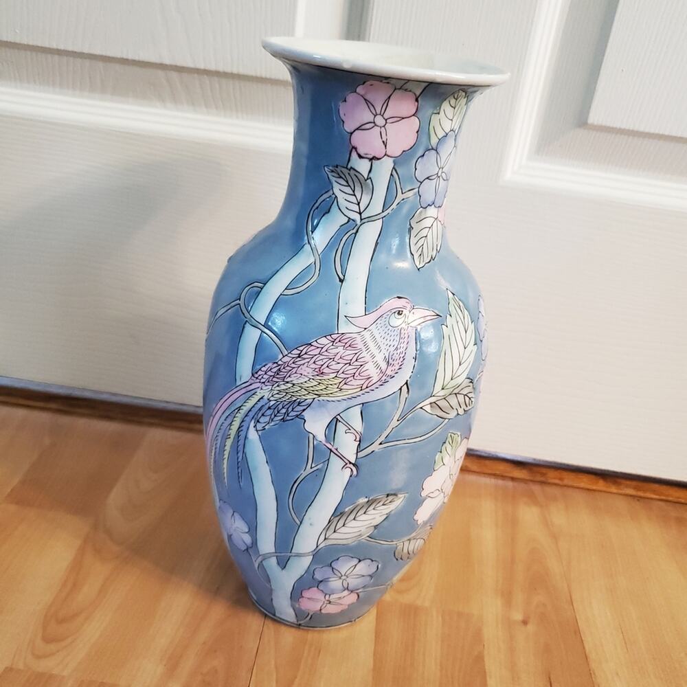 Vintage Blue Floral Bird Design Vase #SW